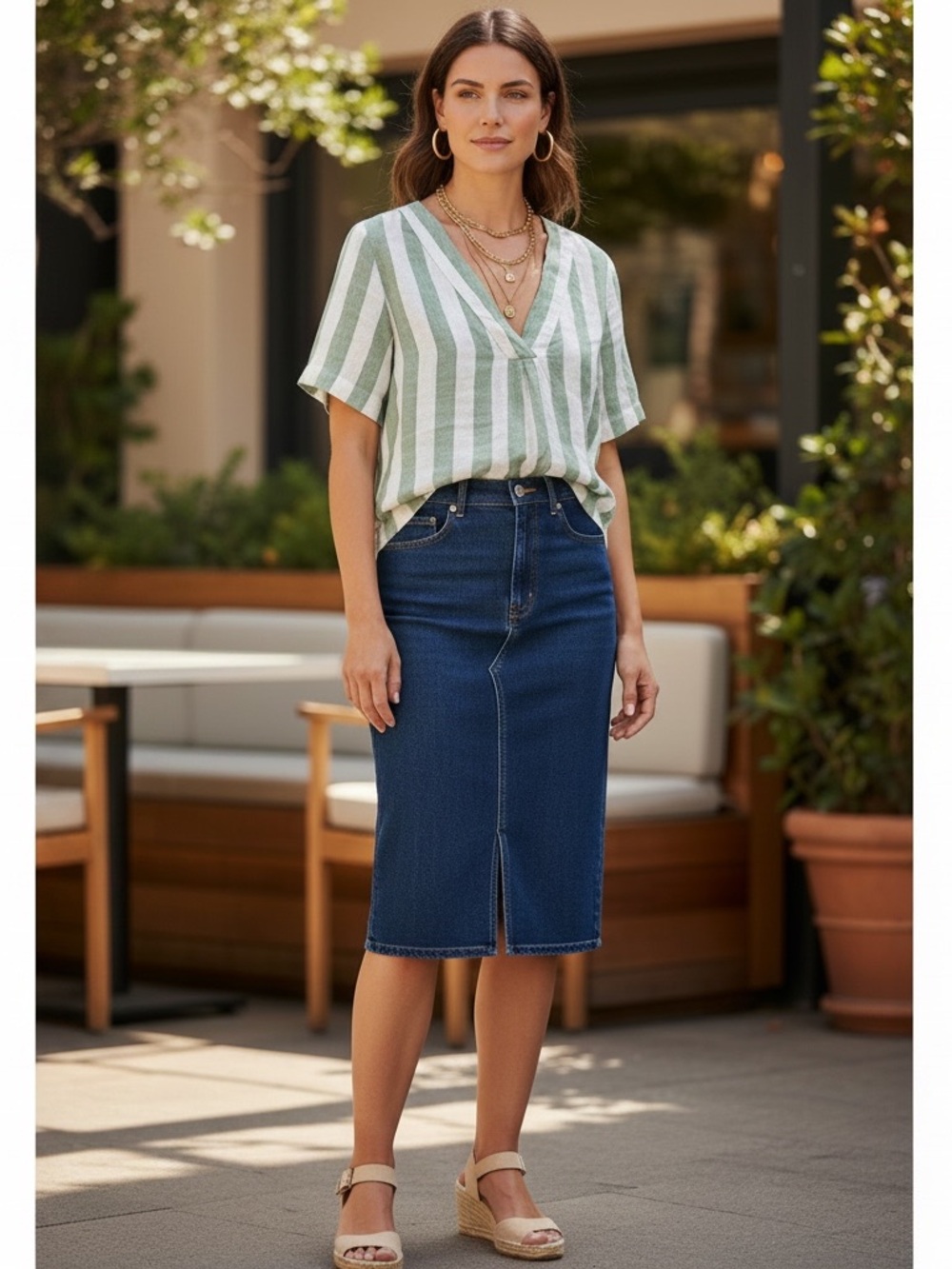 Trovata: Casual V-Neck Green & White Striped Linen Top